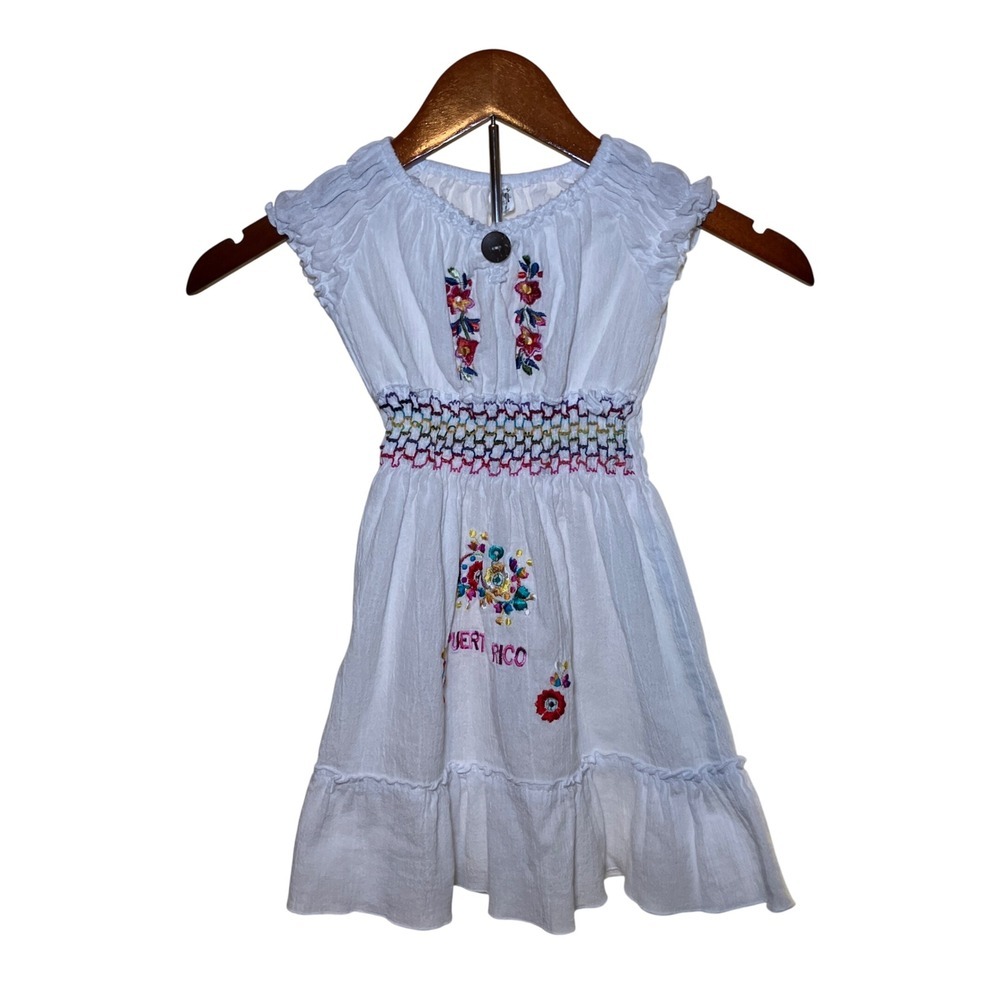 Puerto Rico Girls White Cotton Embroidered Smocked Floral Peasant Dress Size 5